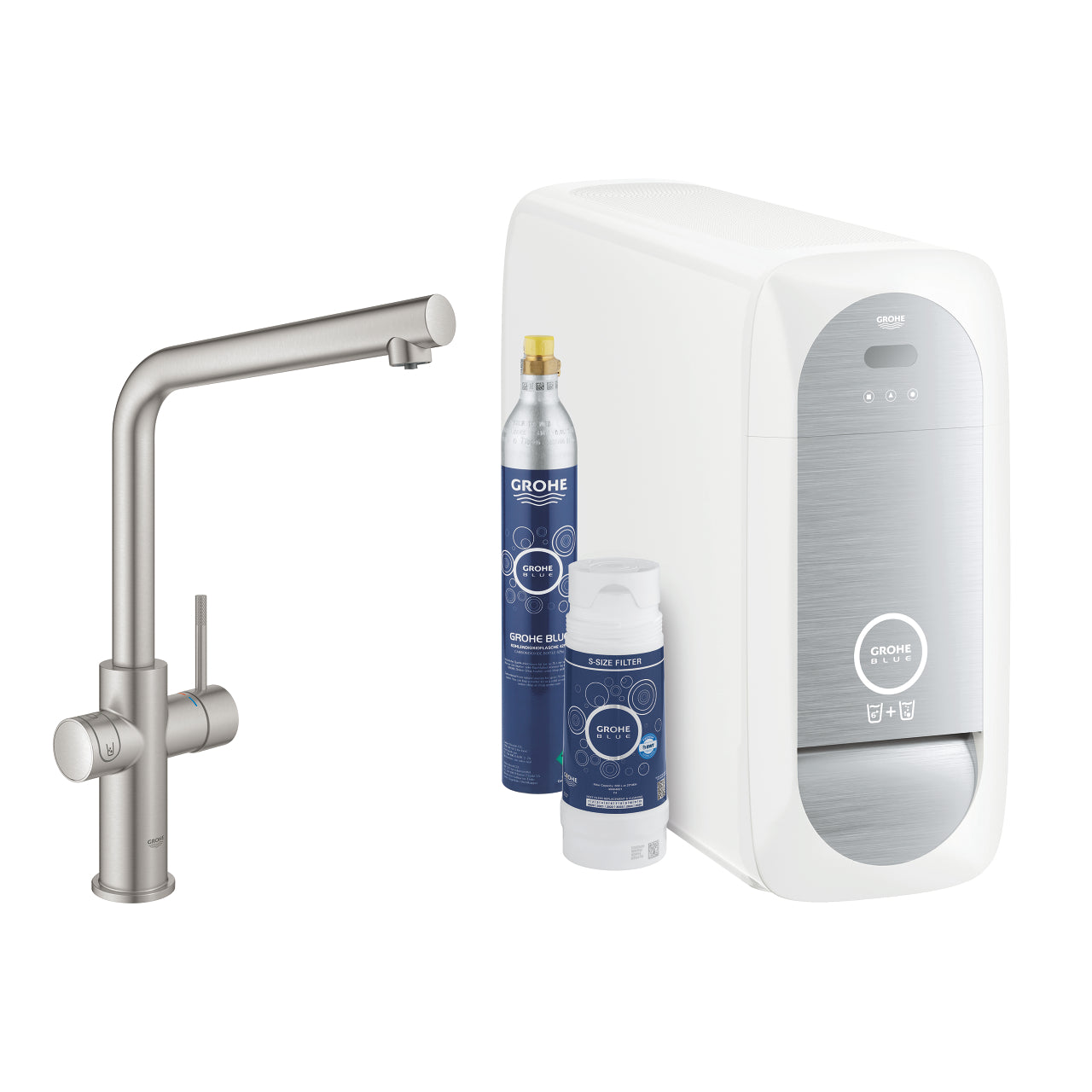 GROHE Blue Home Кухненски Смесител L-чучур Филтрирана Газирана Вода Supersteel 31454DC1 - Stonea.BG