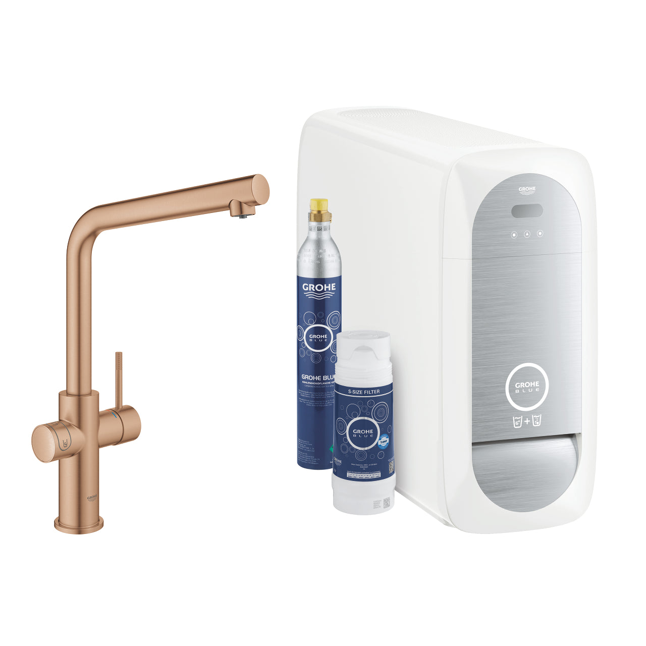 GROHE Blue Home Кухненски Смесител L-чучур Филтрирана Газирана Вода Brushed Warm Sunset 31454DL1 - Stonea.BG