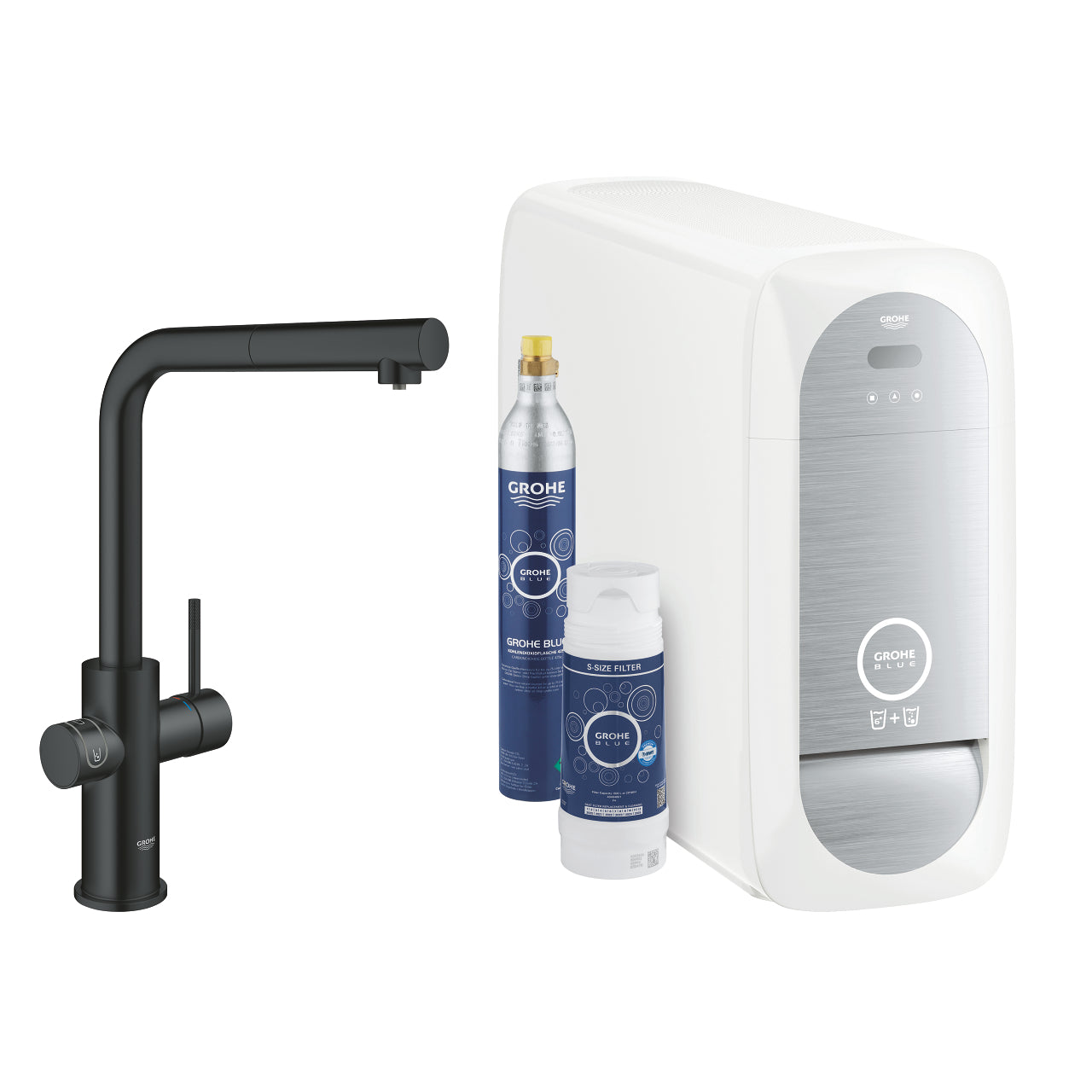GROHE Blue Home Кухненски Смесител L-чучур + Изтеглящ Се Аератор Matte Black 31539KS0 - Stonea.BG