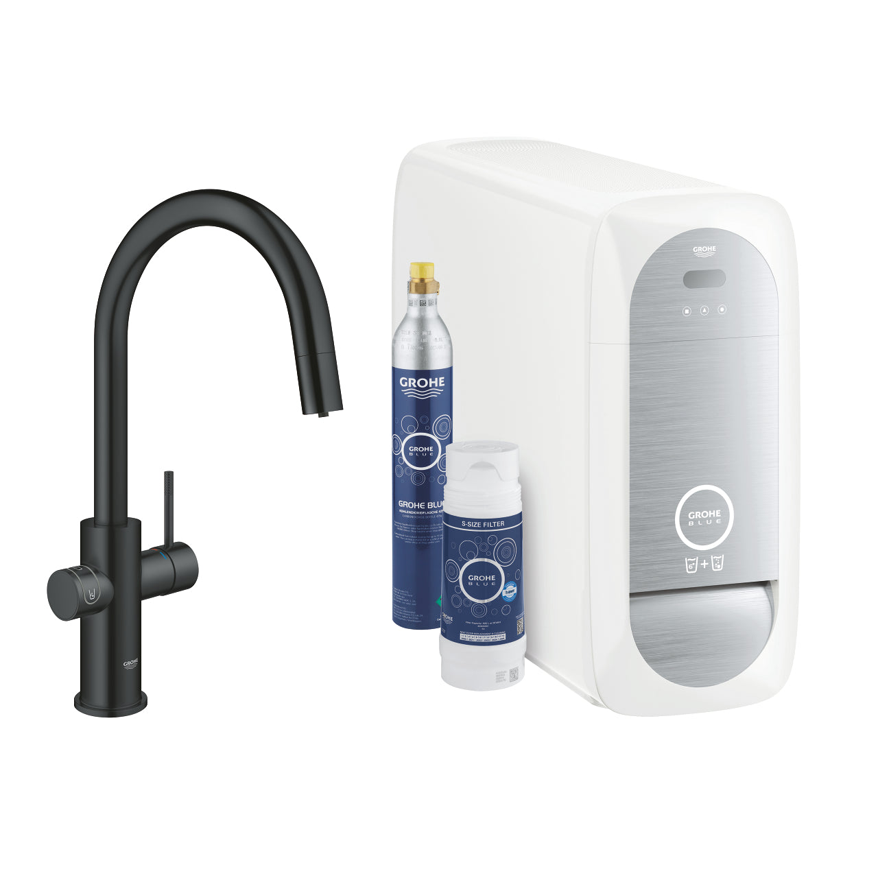 GROHE Blue Home Кухненски Смесител C-чучур Филтрирана Газирана Вода Phantom Black 31541KS1 - Stonea.BG