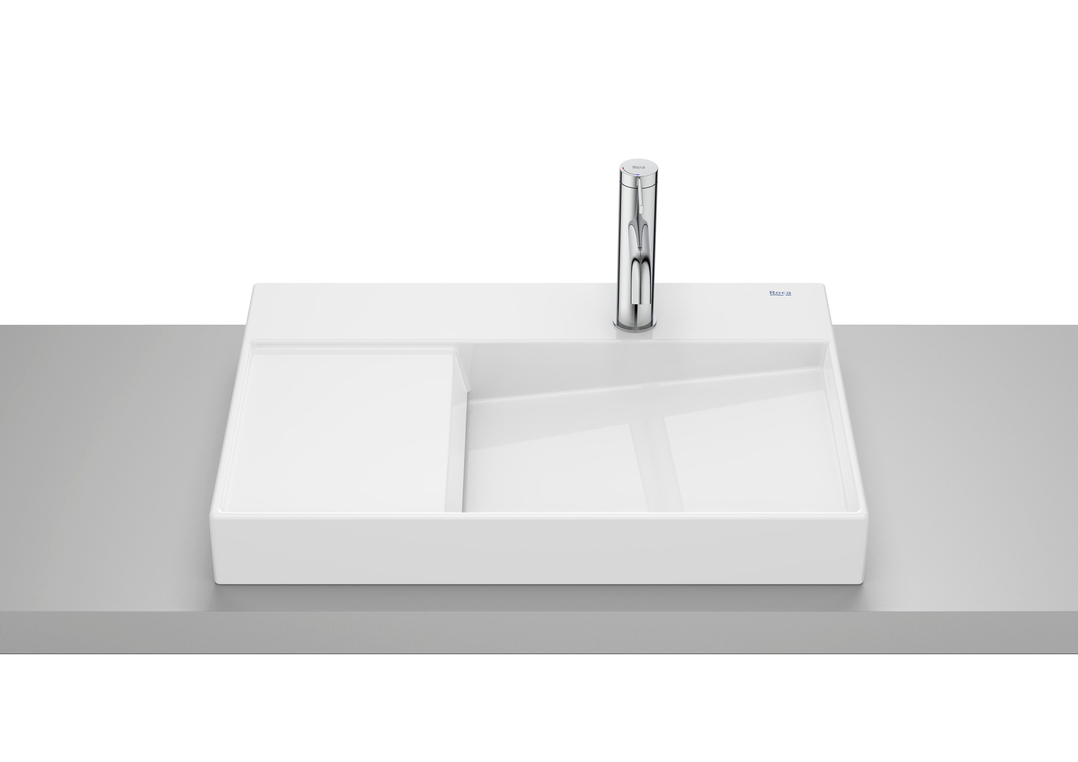 Roca Horizon – Асиметричен десен умивалник върху плот 60×42×8см White бял интегриран плот A32727400B